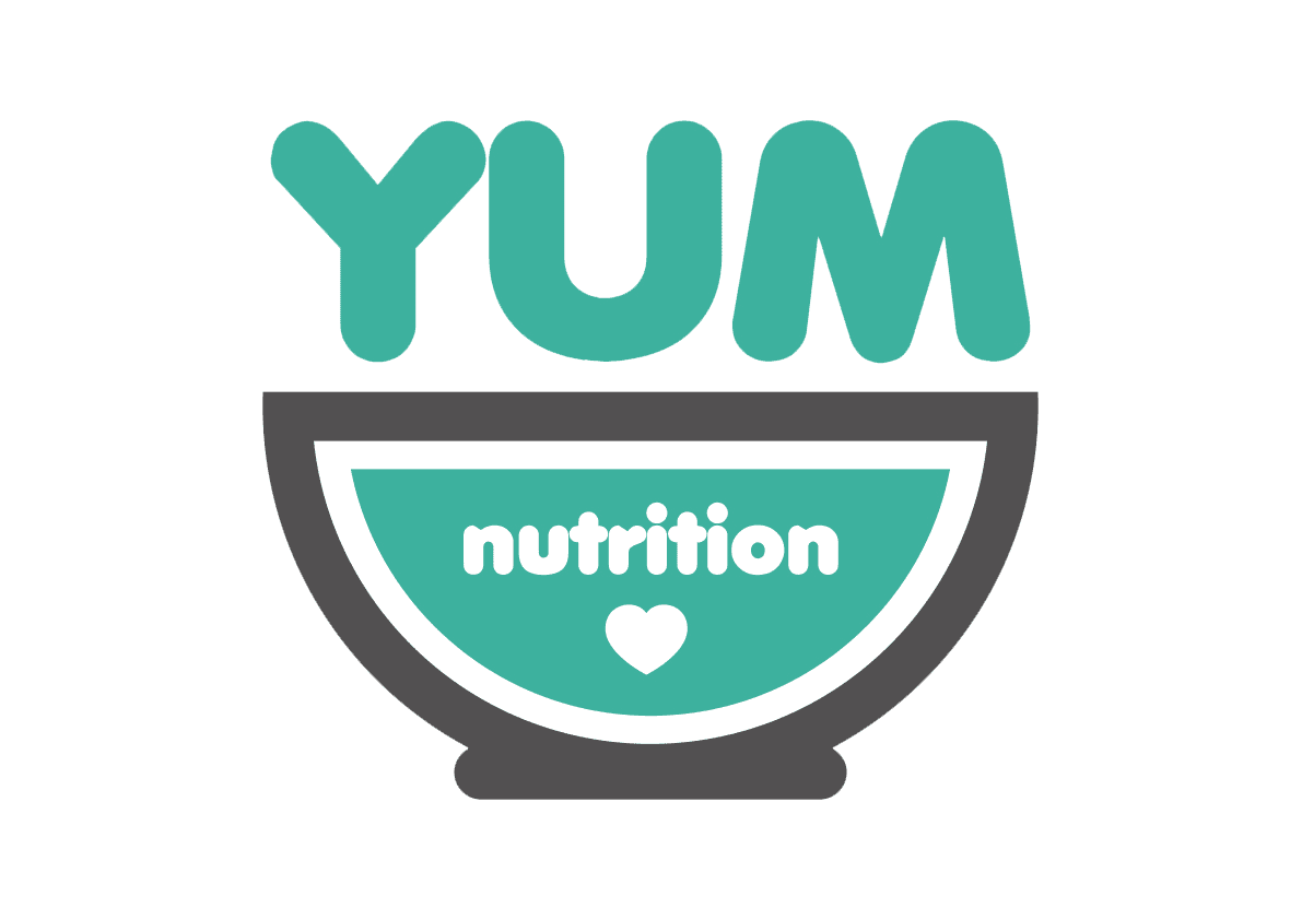 Yum Nutrition logo word yum over a bowl which says nutrition inside with a heart below